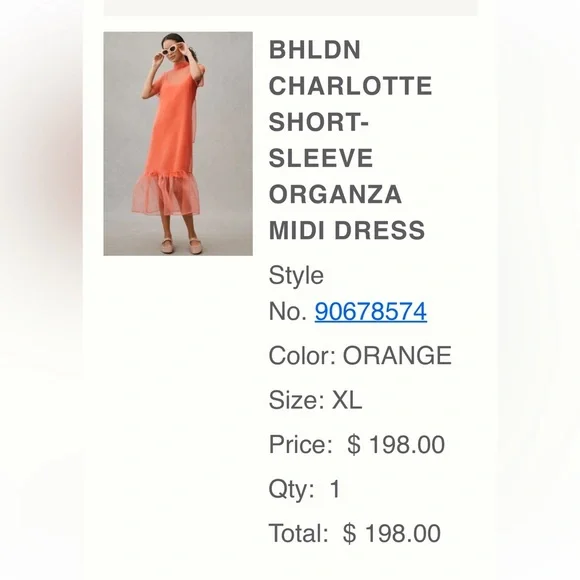 BHLDN Charlotte Short-Sleeve Organza Midi Dress size XL - Picture 5 of 10